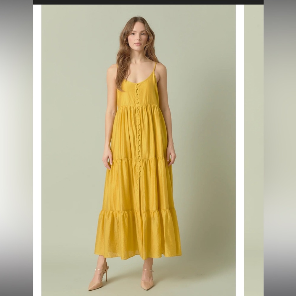 Endless Rose yellow button detail tiered maxi dress size small NWT